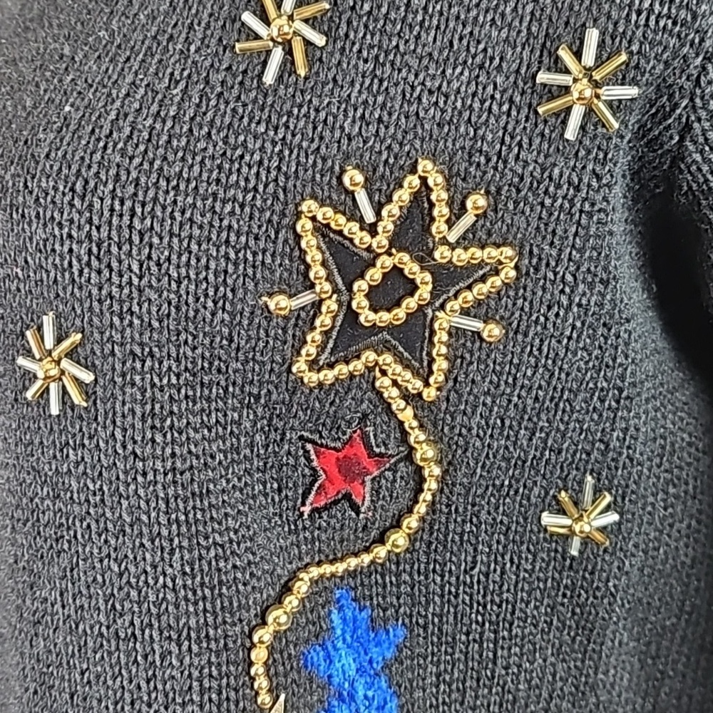 Vintage Berek Black Button Front Beaded Christmas Tree Cardigan Sweater - Picture 8 of 16
